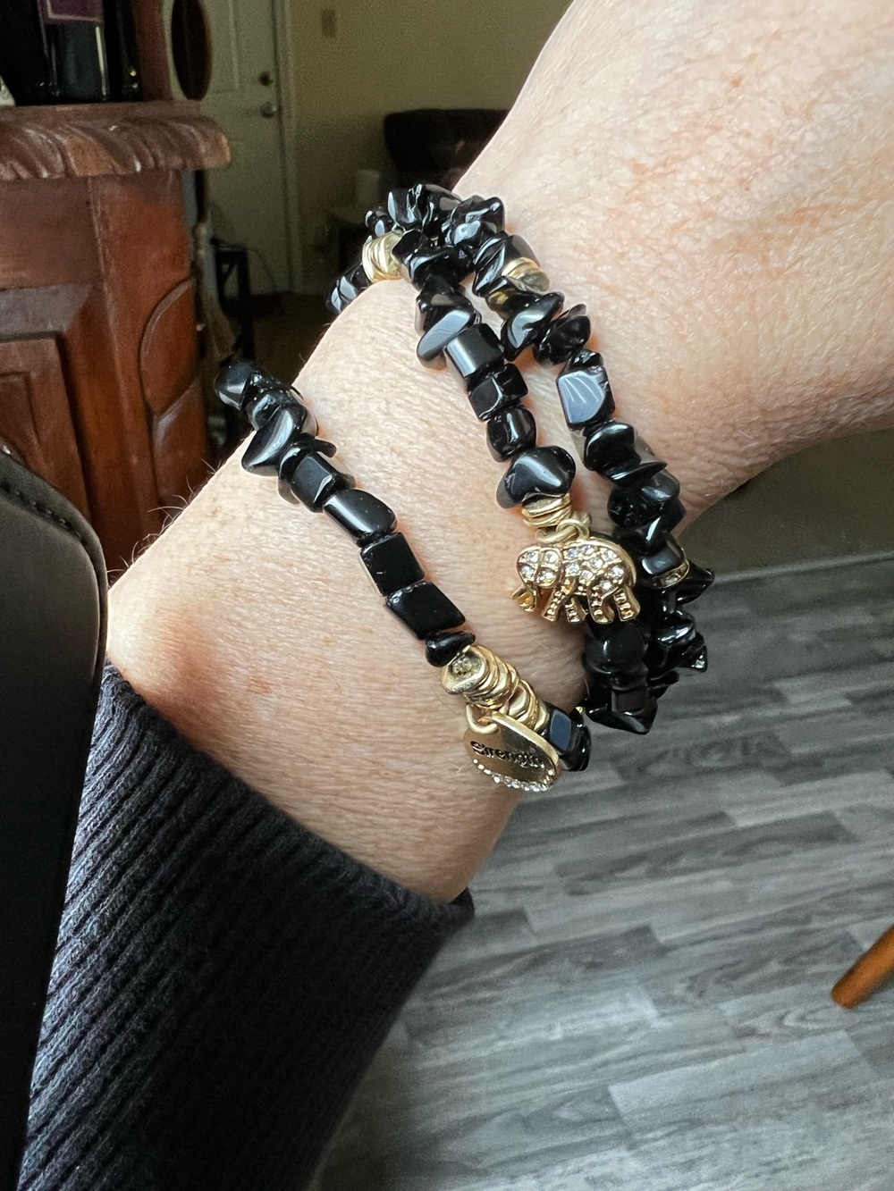 Onyx Beaded Stretch Bracelet Set with Gold Charm Details
